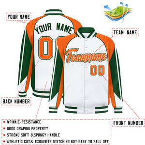 Custom White Orange Varsity Full-Snap Personalized Raglan Sleeves Color Block Letterman Jacket