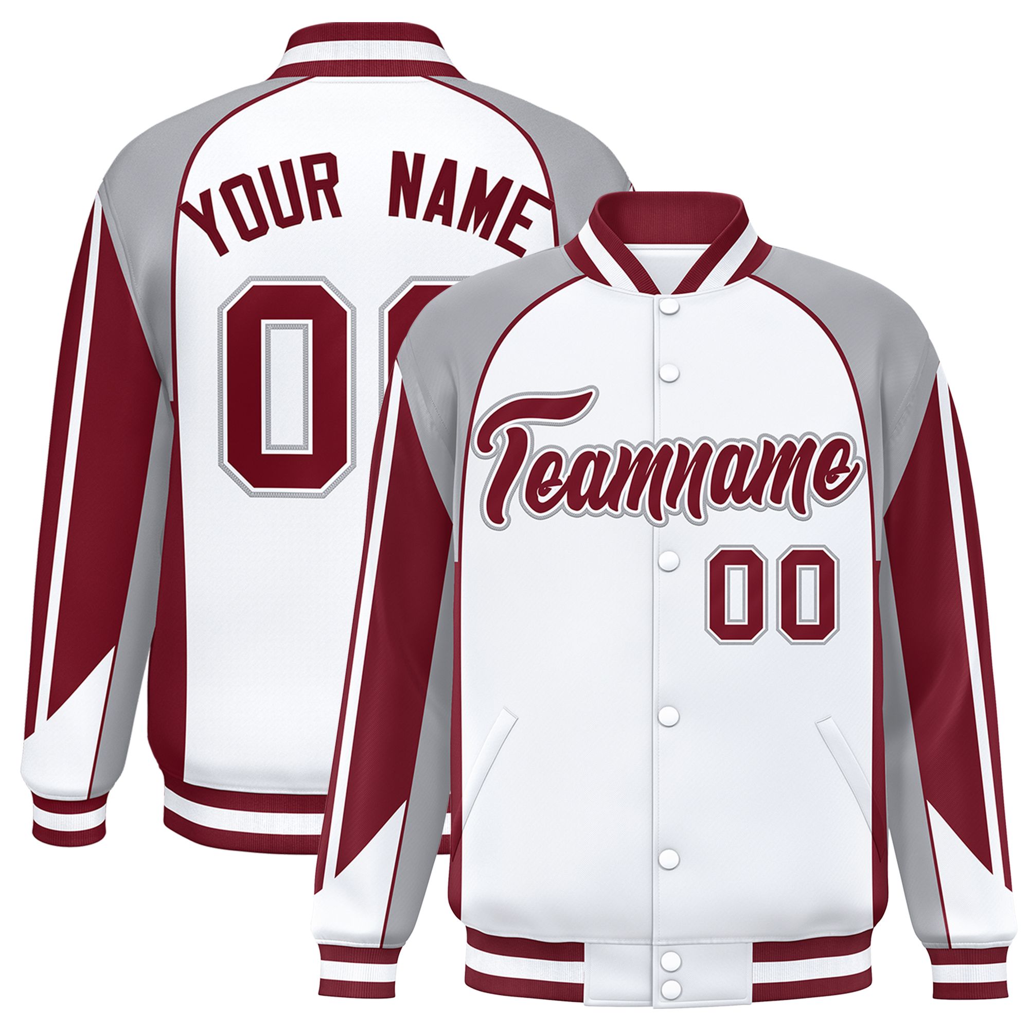 Custom White Gray Varsity Full-Snap Personalized Raglan Sleeves Color Block Letterman Jacket