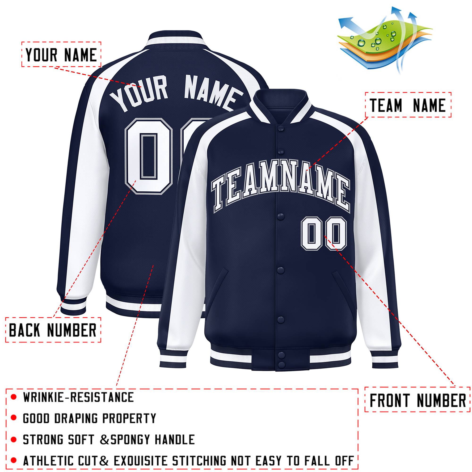 Custom Navy White Varsity Full-Snap Color Block Personalized Raglan Sleeves Letterman Jacket