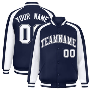 Custom Navy White Varsity Full-Snap Color Block Personalized Raglan Sleeves Letterman Jacket