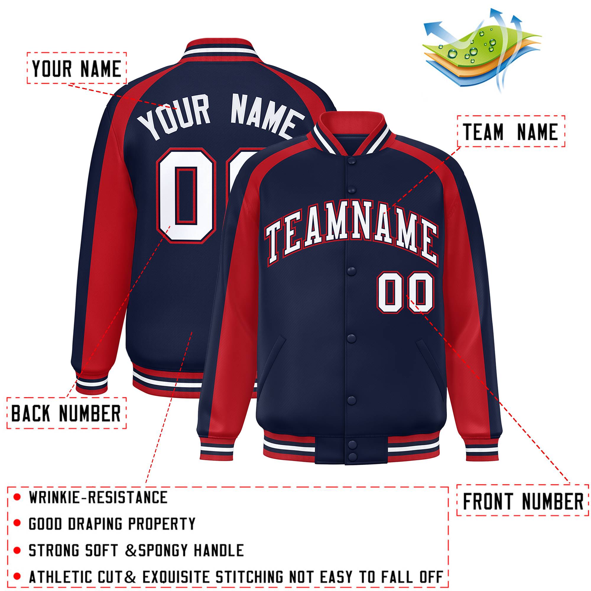 Custom Navy Red Varsity Full-Snap Color Block Personalized Raglan Sleeves Letterman Jacket