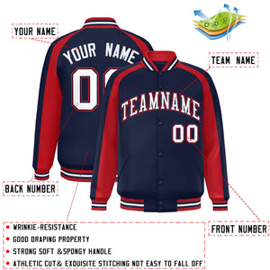 Custom Navy Red Varsity Full-Snap Color Block Personalized Raglan Sleeves Letterman Jacket