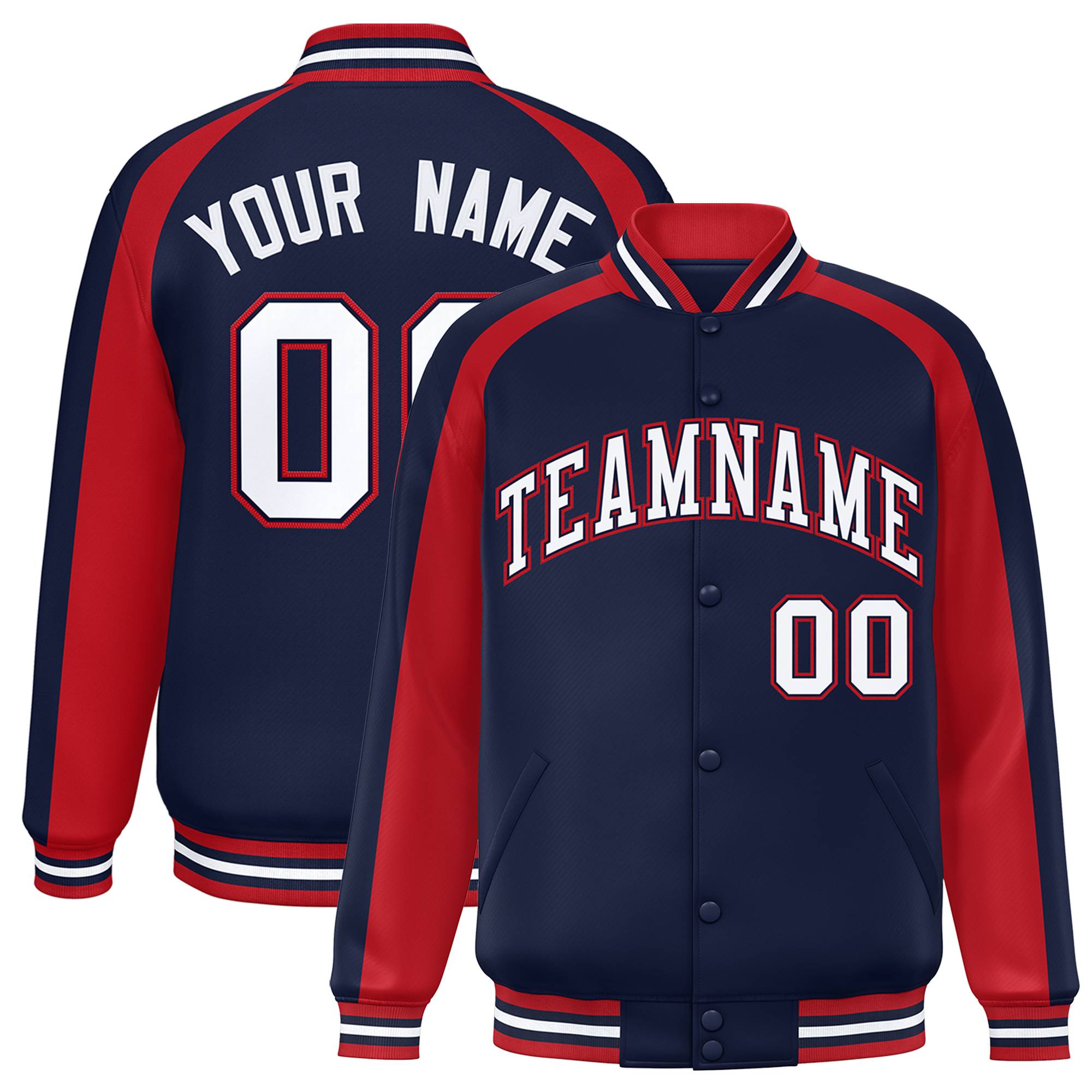 Custom Navy Red Varsity Full-Snap Color Block Personalized Raglan Sleeves Letterman Jacket