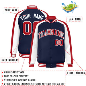 Custom Navy White Varsity Full-Snap Color Block Personalized Raglan Sleeves Letterman Jacket