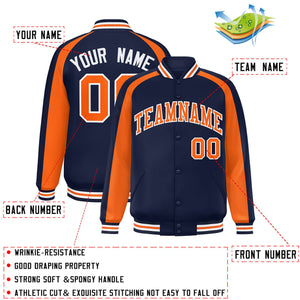 Custom Navy Orange Varsity Full-Snap Color Block Personalized Raglan Sleeves Letterman Jacket