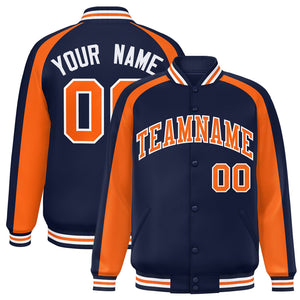 Custom Navy Orange Varsity Full-Snap Color Block Personalized Raglan Sleeves Letterman Jacket