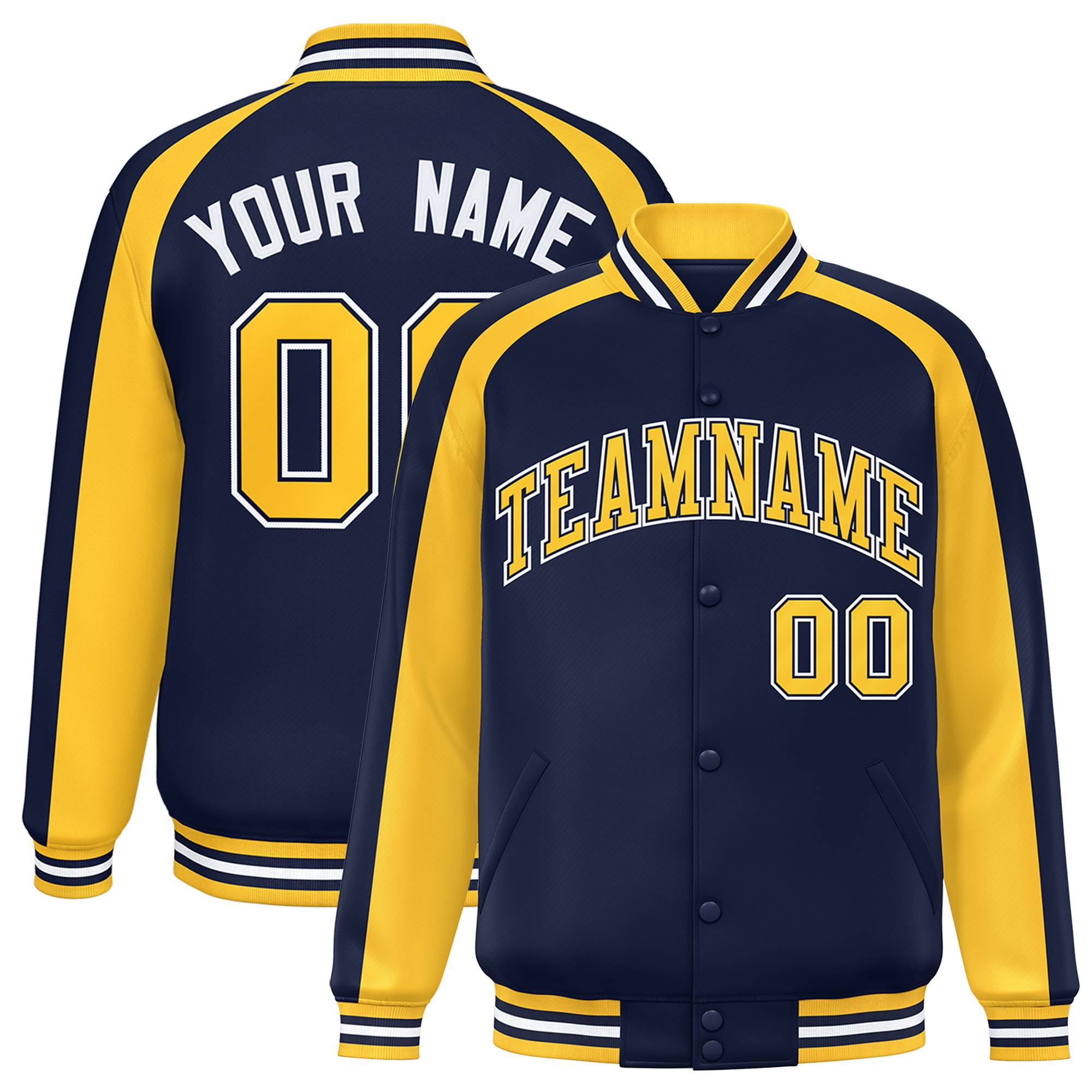 Custom Navy Gold Varsity Full-Snap Color Block Personalized Raglan Sleeves Letterman Jacket