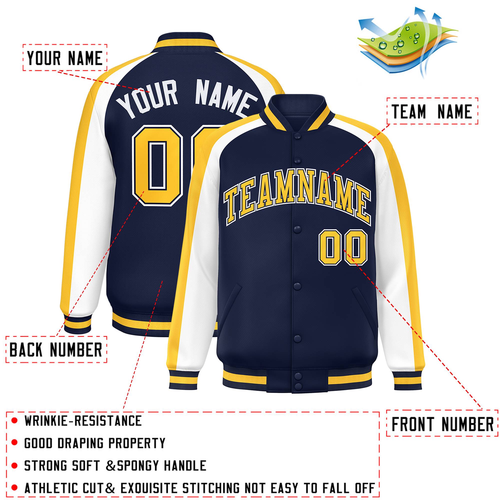 Custom Navy White Varsity Full-Snap Color Block Personalized Raglan Sleeves Letterman Jacket