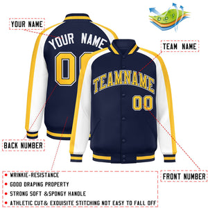 Custom Navy White Varsity Full-Snap Color Block Personalized Raglan Sleeves Letterman Jacket