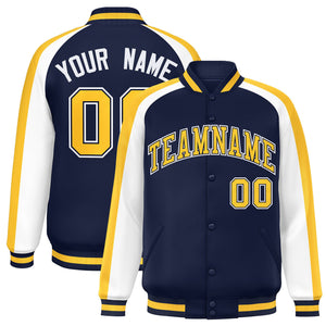 Custom Navy White Varsity Full-Snap Color Block Personalized Raglan Sleeves Letterman Jacket