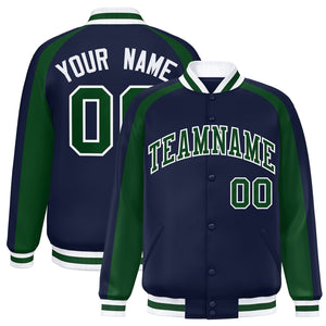 Custom Navy Green Varsity Full-Snap Color Block Personalized Raglan Sleeves Letterman Jacket