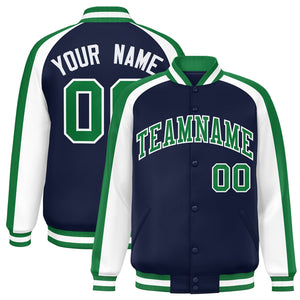 Custom Navy White Varsity Full-Snap Color Block Personalized Raglan Sleeves Letterman Jacket