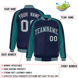 Custom Navy Aqua Varsity Full-Snap Color Block Personalized Raglan Sleeves Letterman Jacket