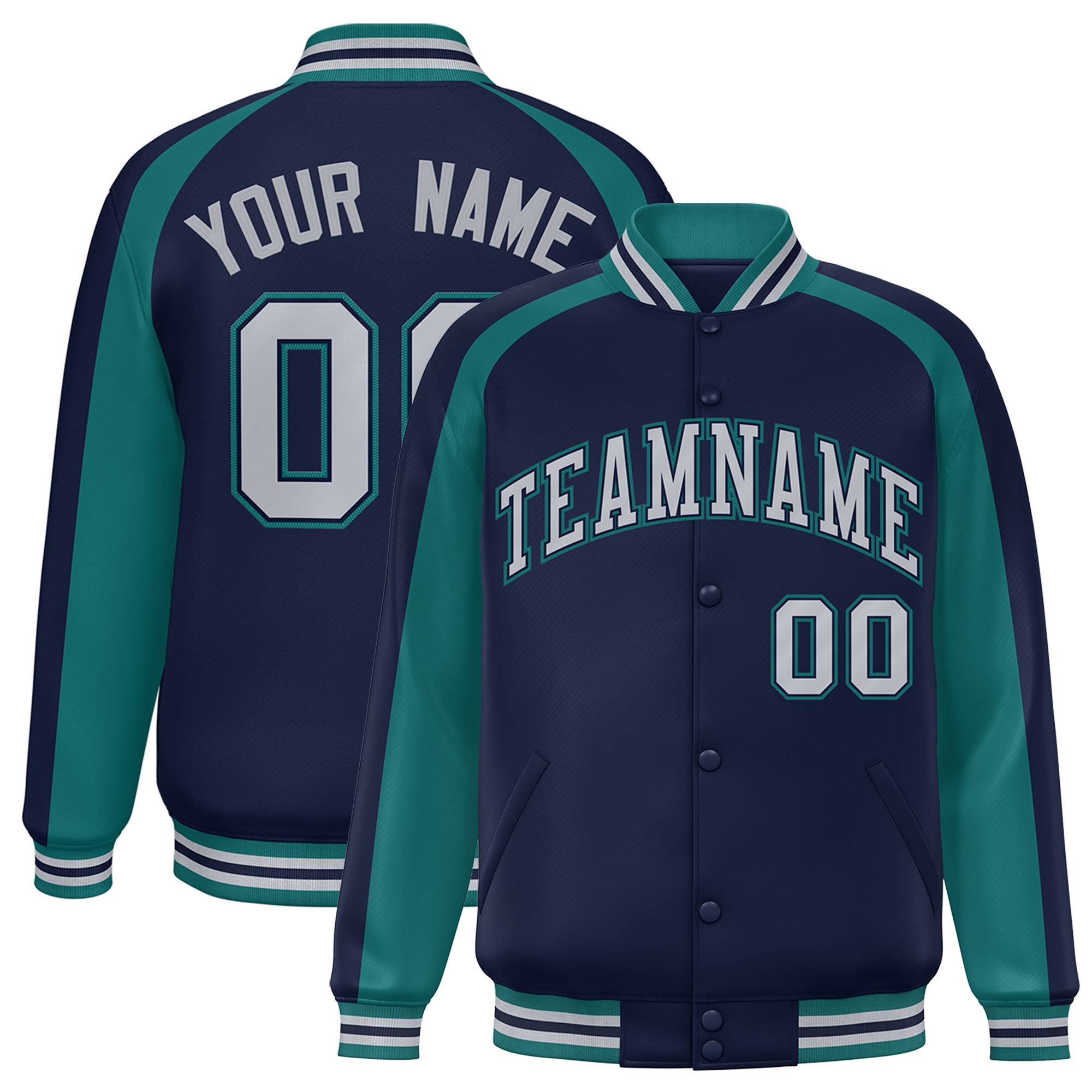 Custom Navy Aqua Varsity Full-Snap Color Block Personalized Raglan Sleeves Letterman Jacket