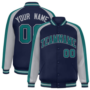 Custom Navy Gray Varsity Full-Snap Color Block Personalized Raglan Sleeves Letterman Jacket