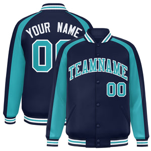 Custom Navy Aqua Varsity Full-Snap Color Block Personalized Raglan Sleeves Letterman Jacket