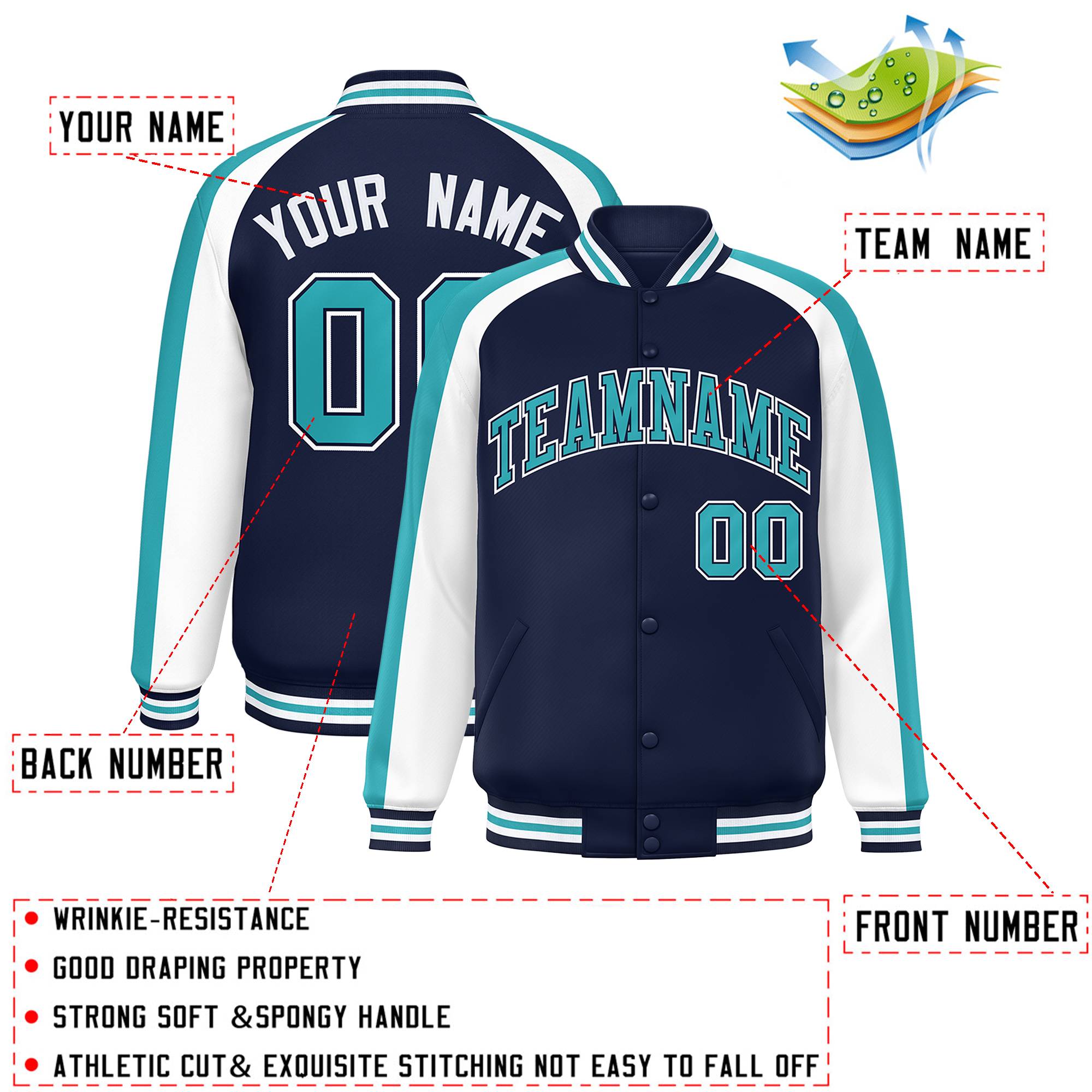 Custom Navy White Varsity Full-Snap Color Block Personalized Raglan Sleeves Letterman Jacket