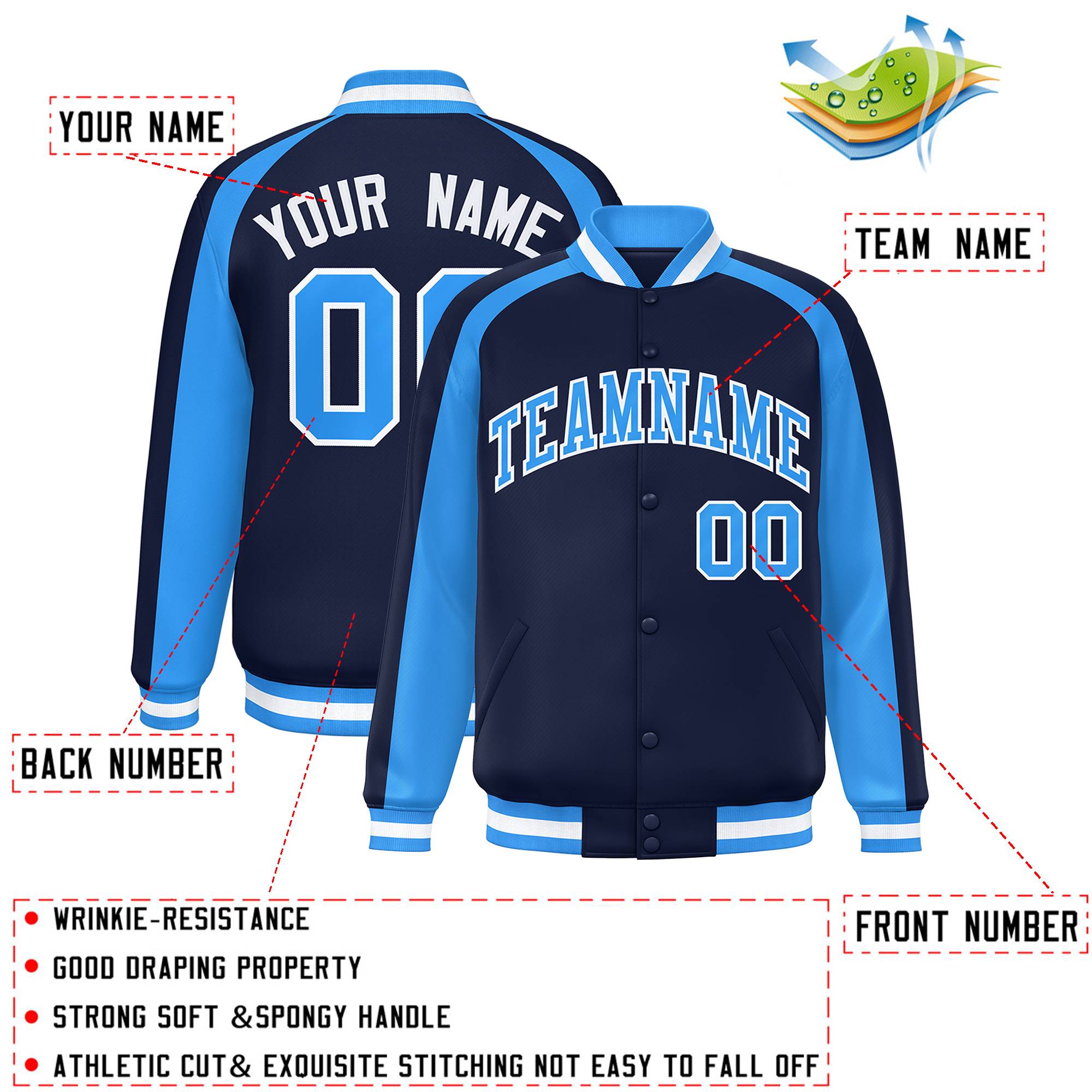 Custom Navy Powder Blue Varsity Full-Snap Color Block Personalized Raglan Sleeves Letterman Jacket