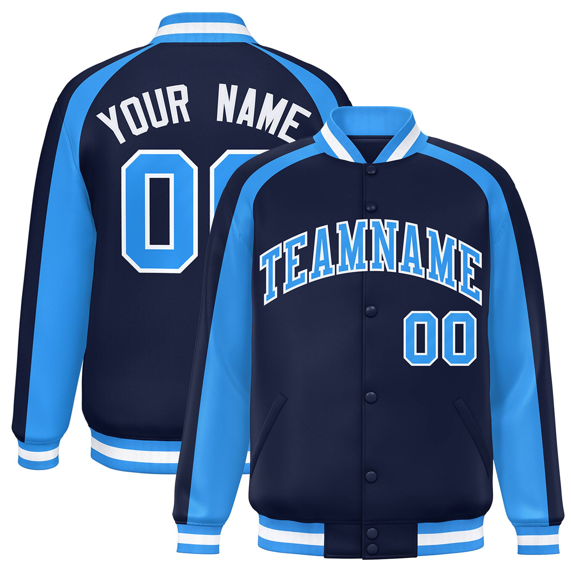 Custom Navy Powder Blue Varsity Full-Snap Color Block Personalized Raglan Sleeves Letterman Jacket