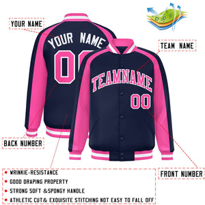 Custom Navy Pink Varsity Full-Snap Color Block Personalized Raglan Sleeves Letterman Jacket