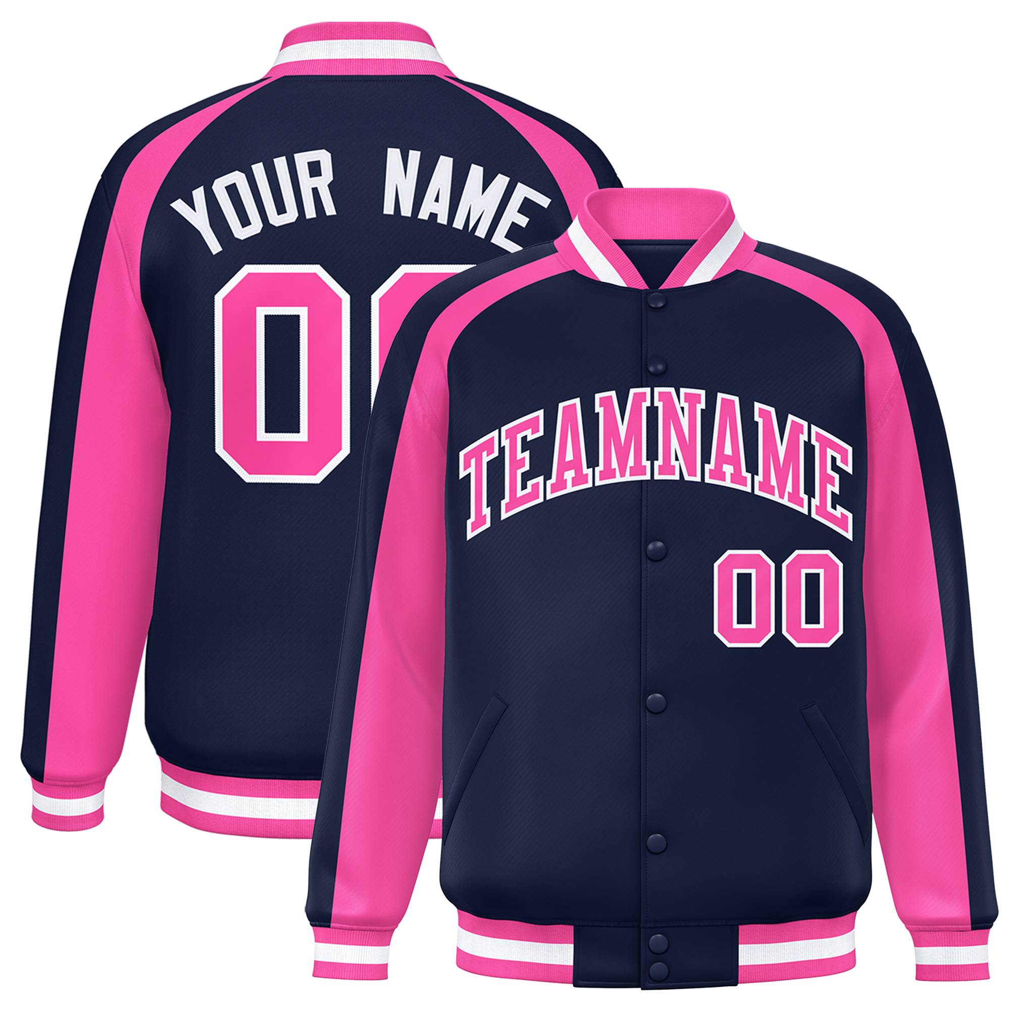 Custom Navy Pink Varsity Full-Snap Color Block Personalized Raglan Sleeves Letterman Jacket