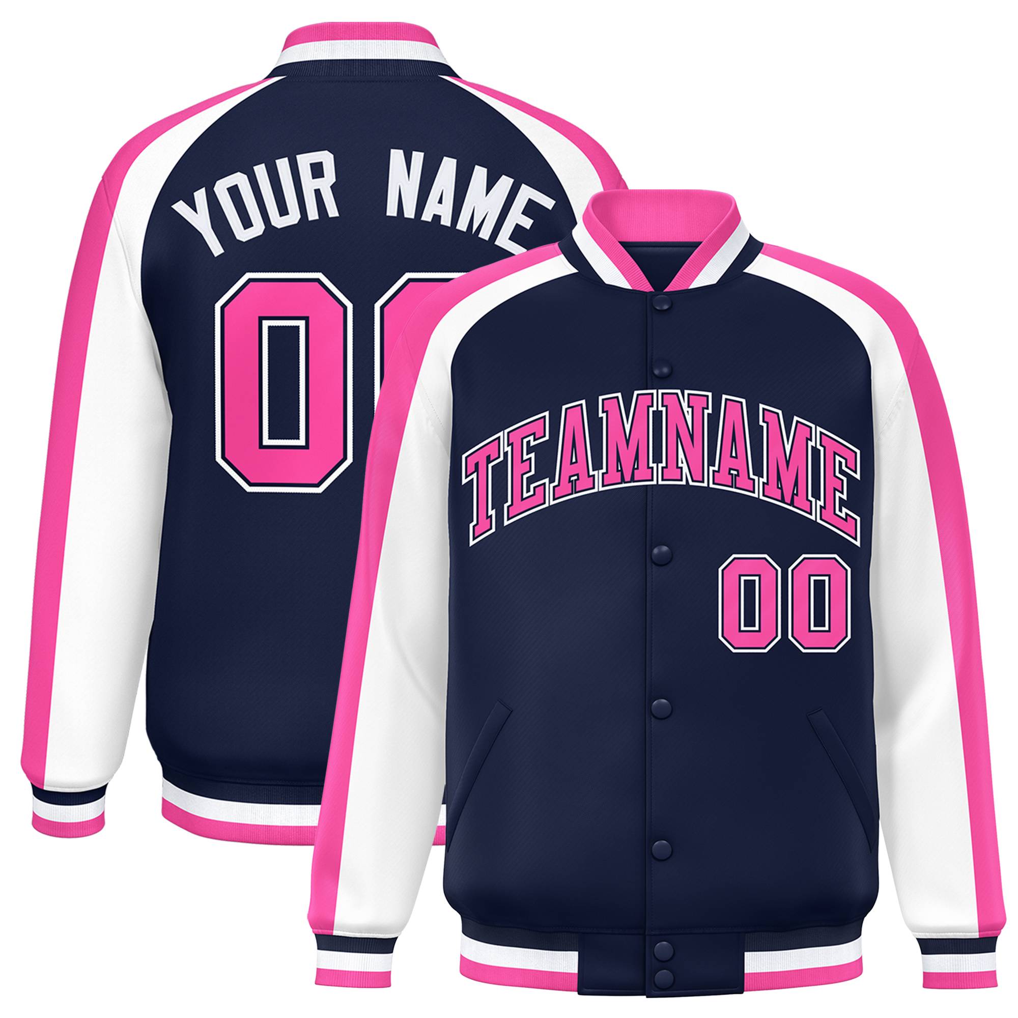 Custom Navy White Varsity Full-Snap Color Block Personalized Raglan Sleeves Letterman Jacket