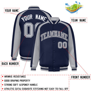 Custom Navy Gray Varsity Full-Snap Color Block Personalized Raglan Sleeves Letterman Jacket