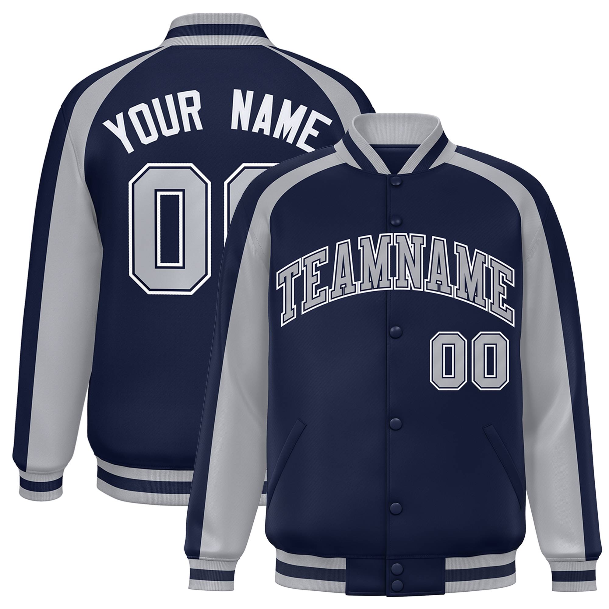 Custom Navy Gray Varsity Full-Snap Color Block Personalized Raglan Sleeves Letterman Jacket