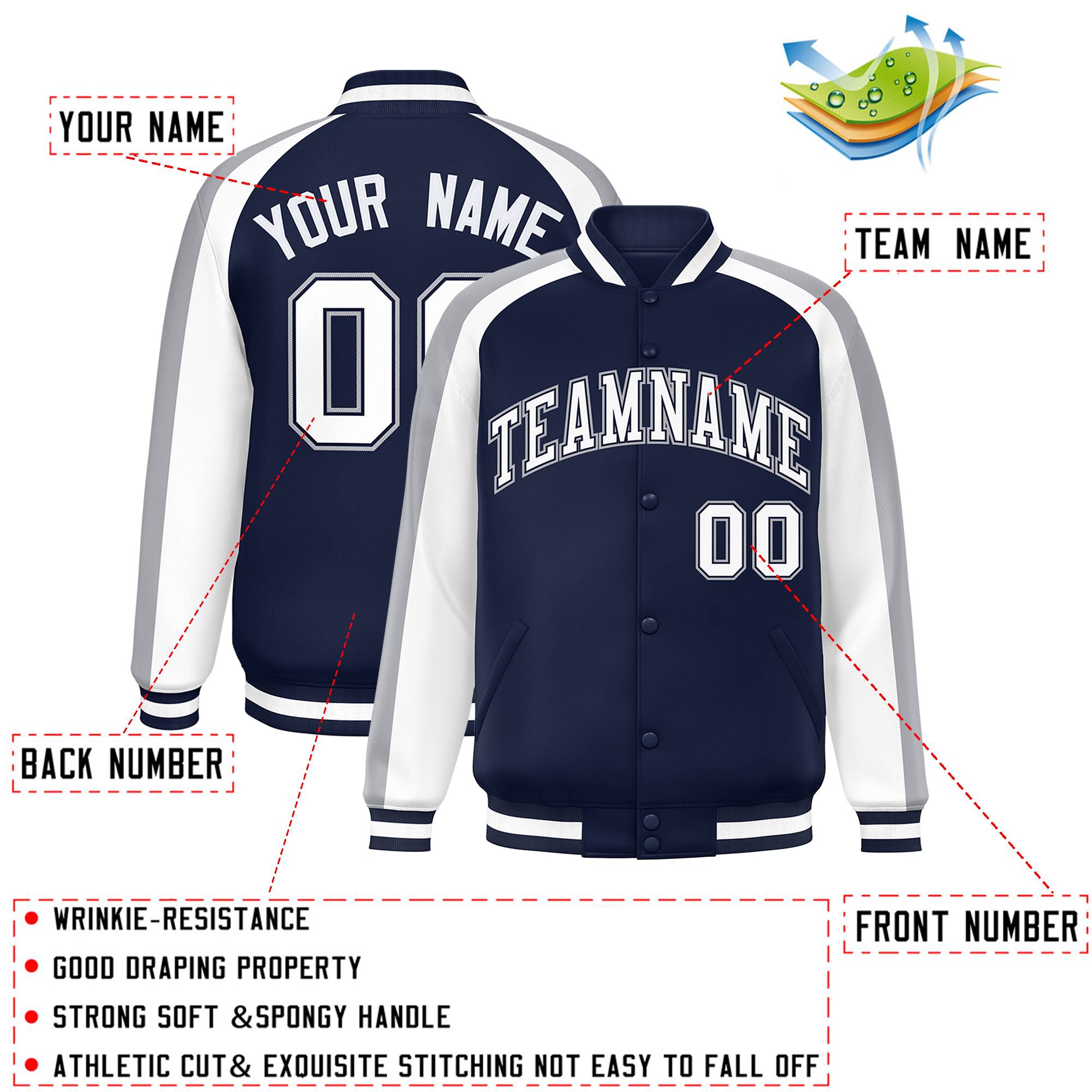 Custom Navy White Varsity Full-Snap Color Block Personalized Raglan Sleeves Letterman Jacket