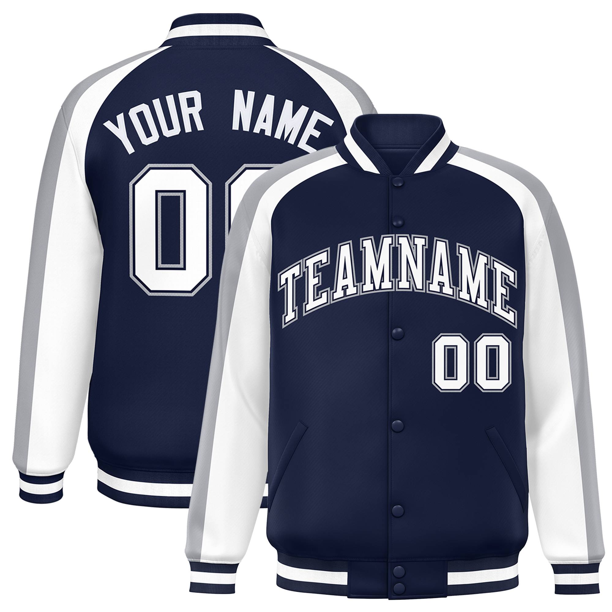 Custom Navy White Varsity Full-Snap Color Block Personalized Raglan Sleeves Letterman Jacket