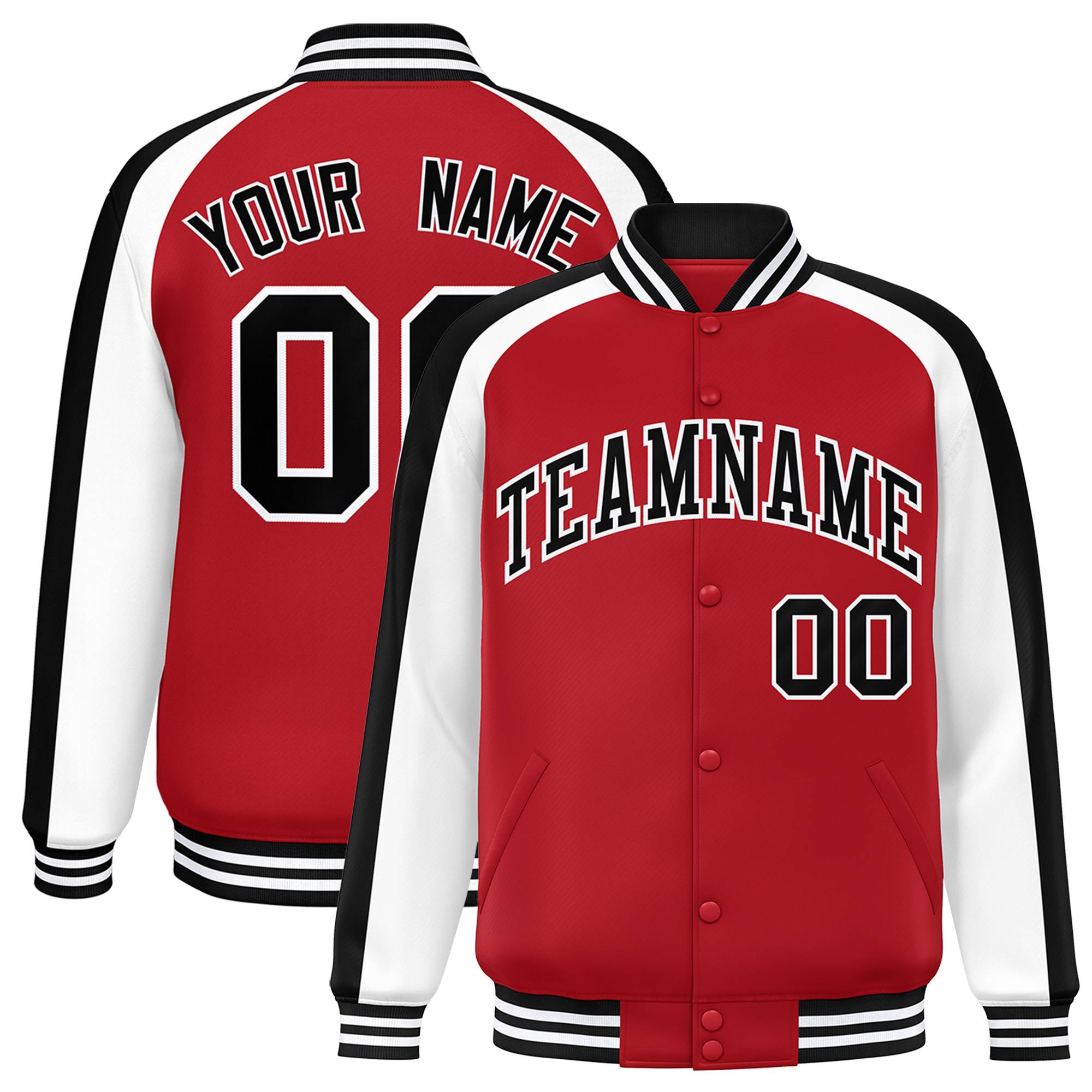 Custom Red White Varsity Full-Snap Color Block Personalized Raglan Sleeves Letterman Jacket