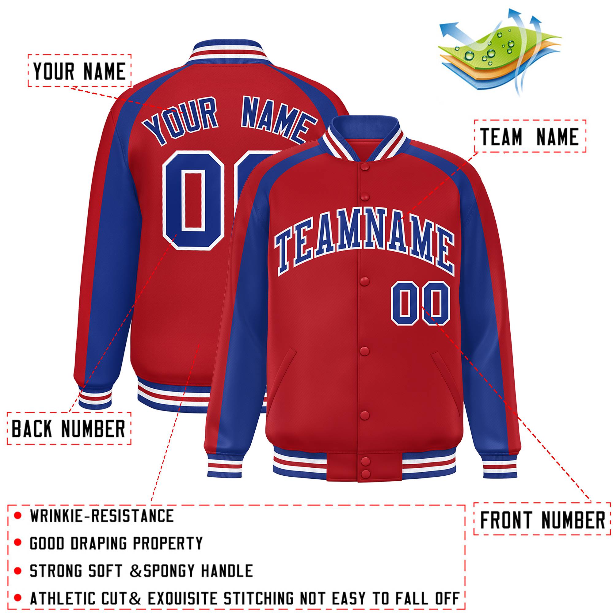 Custom Red Royal Varsity Full-Snap Color Block Personalized Raglan Sleeves Letterman Jacket