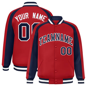 Custom Red Navy Varsity Full-Snap Color Block Personalized Raglan Sleeves Letterman Jacket