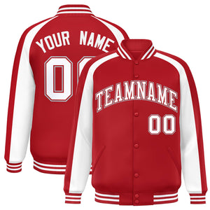 Custom Red White Varsity Full-Snap Color Block Personalized Raglan Sleeves Letterman Jacket