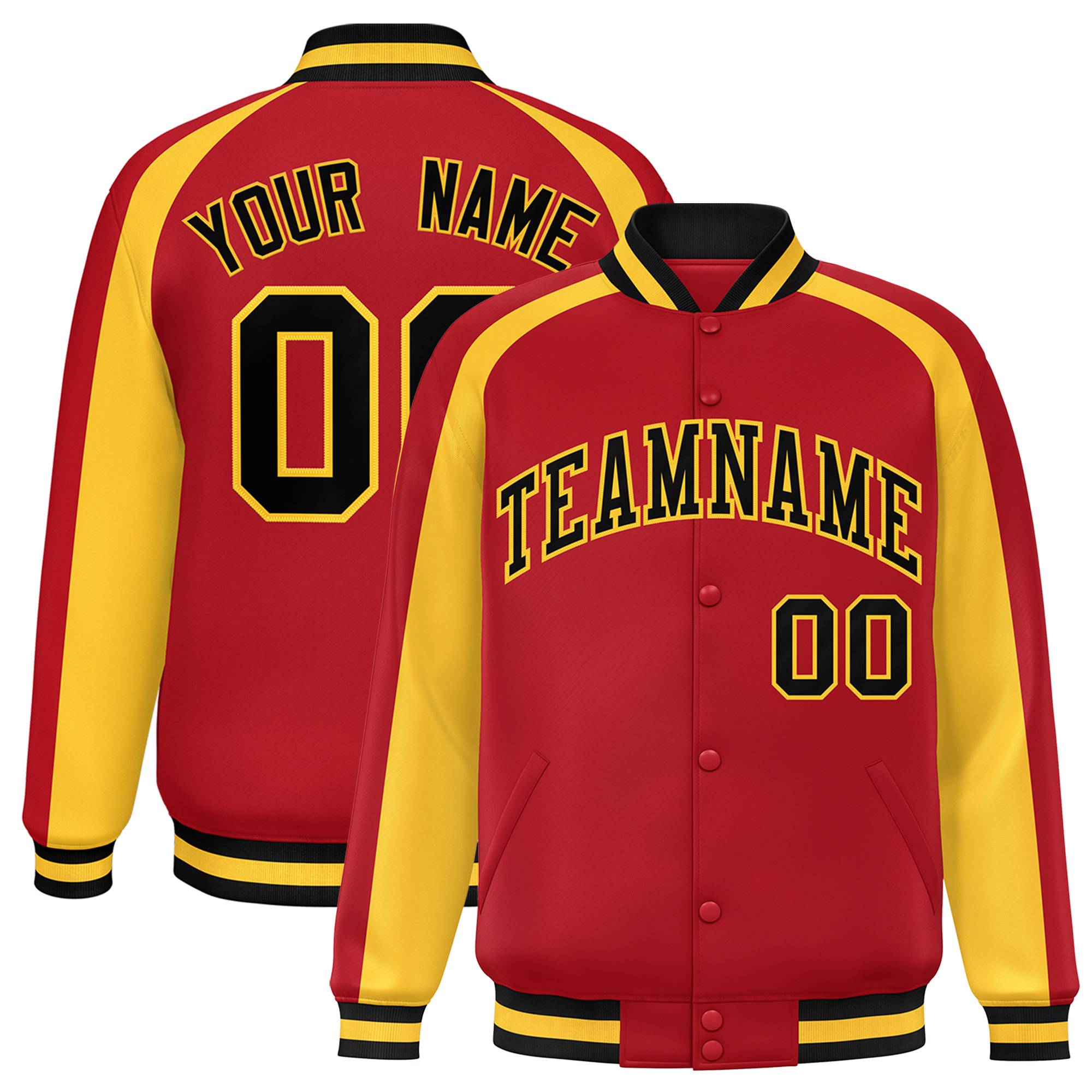 Custom Red Gold Varsity Full-Snap Color Block Personalized Raglan Sleeves Letterman Jacket