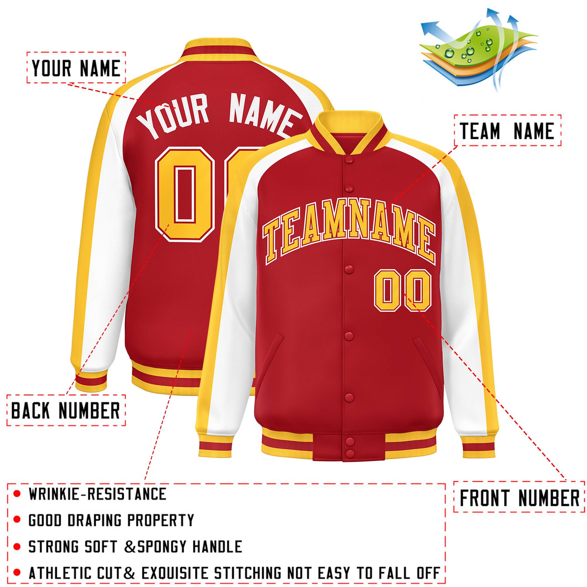 Custom Red White Varsity Full-Snap Color Block Personalized Raglan Sleeves Letterman Jacket