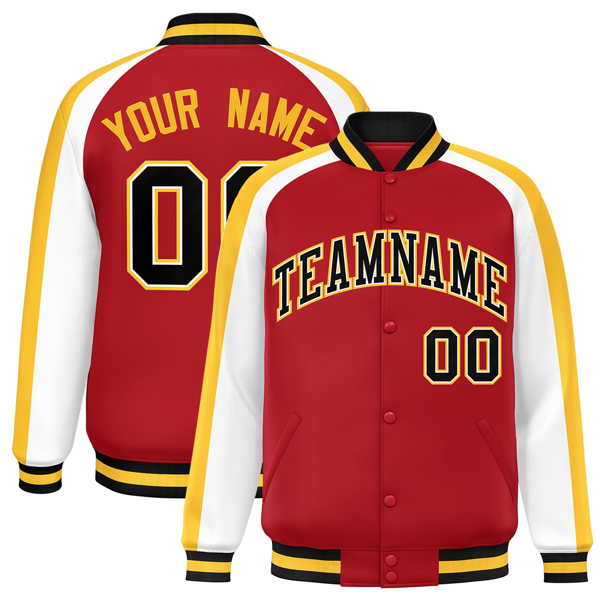 Custom Red White Varsity Full-Snap Color Block Personalized Raglan Sleeves Letterman Jacket