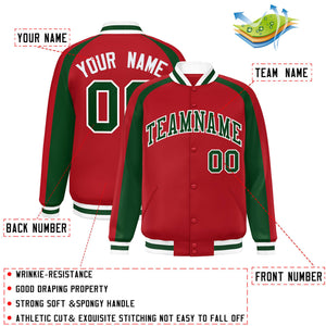 Custom Red Green Varsity Full-Snap Color Block Personalized Raglan Sleeves Letterman Jacket