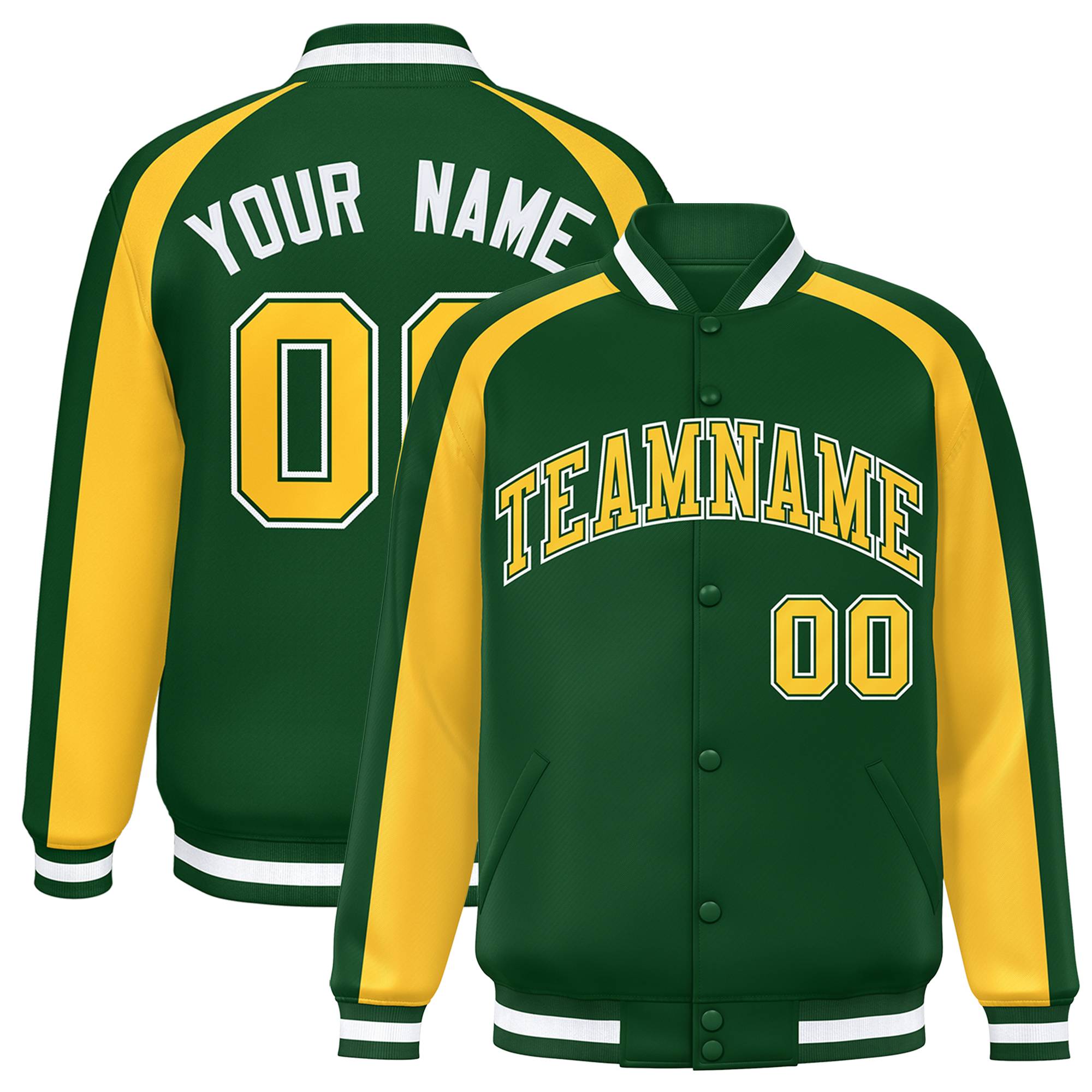 Custom Green Gold Varsity Full-Snap Color Block Personalized Raglan Sleeves Letterman Jacket