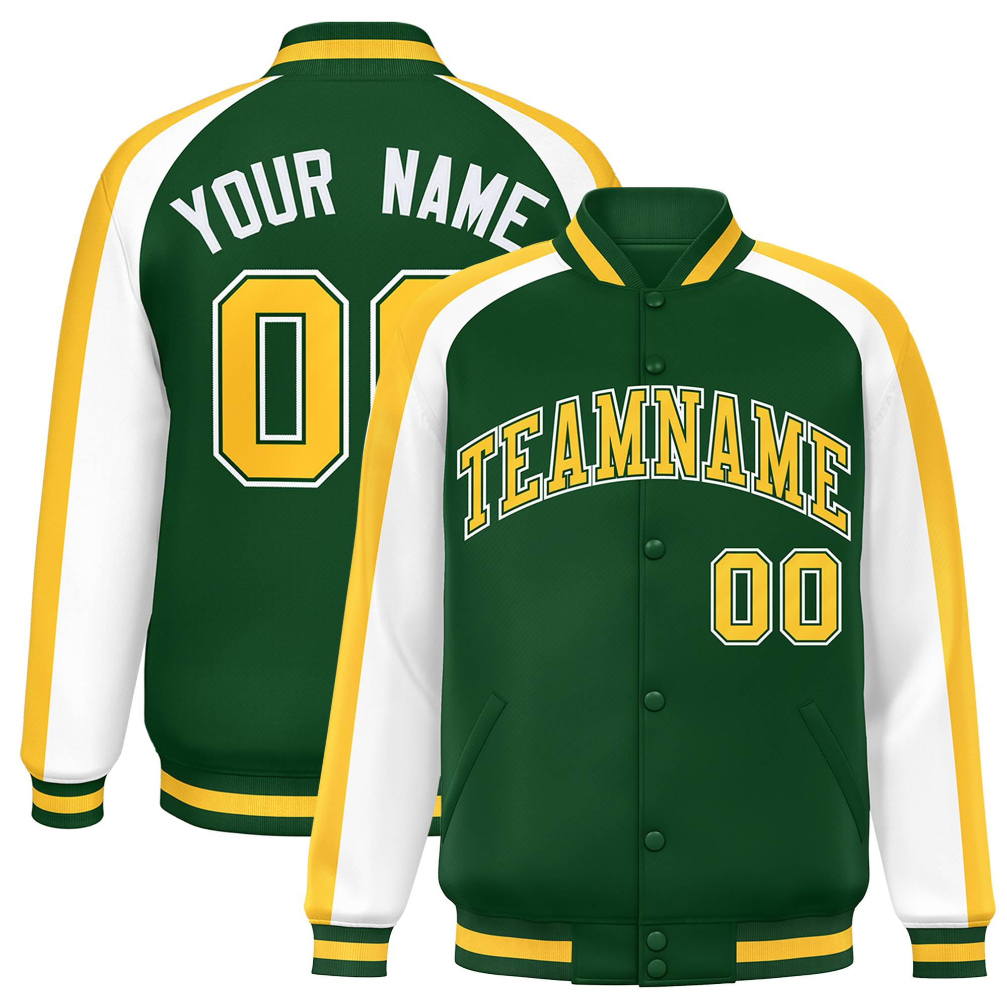 Custom Green White Varsity Full-Snap Color Block Personalized Raglan Sleeves Letterman Jacket