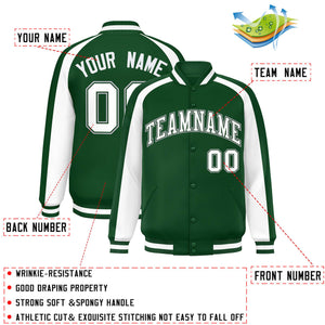 Custom Green White Varsity Full-Snap Color Block Personalized Raglan Sleeves Letterman Jacket