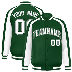 Custom Green White Varsity Full-Snap Color Block Personalized Raglan Sleeves Letterman Jacket