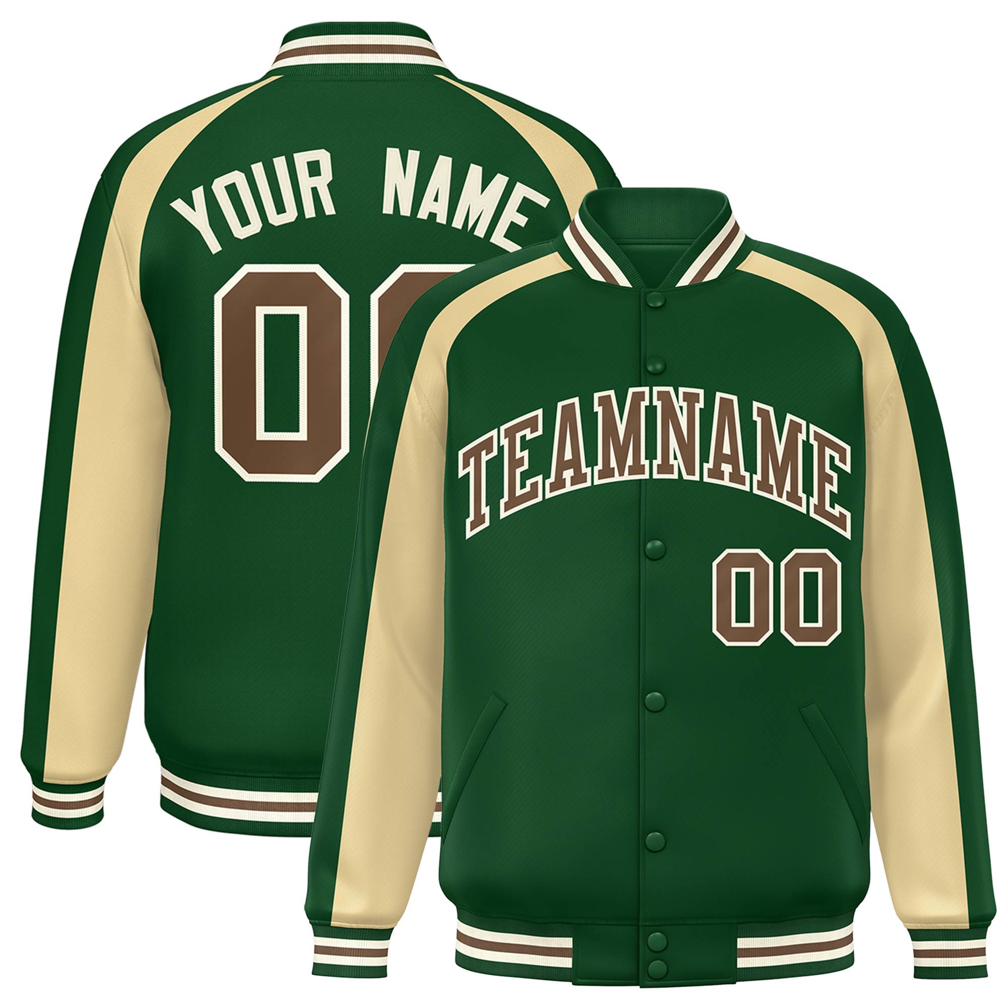 Custom Green Khaki Varsity Full-Snap Color Block Personalized Raglan Sleeves Letterman Jacket