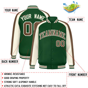 Custom Green Cream Varsity Full-Snap Color Block Personalized Raglan Sleeves Letterman Jacket