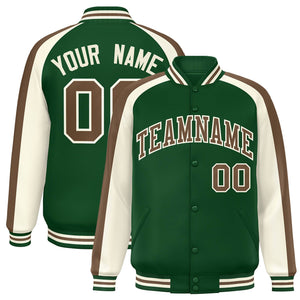 Custom Green Cream Varsity Full-Snap Color Block Personalized Raglan Sleeves Letterman Jacket