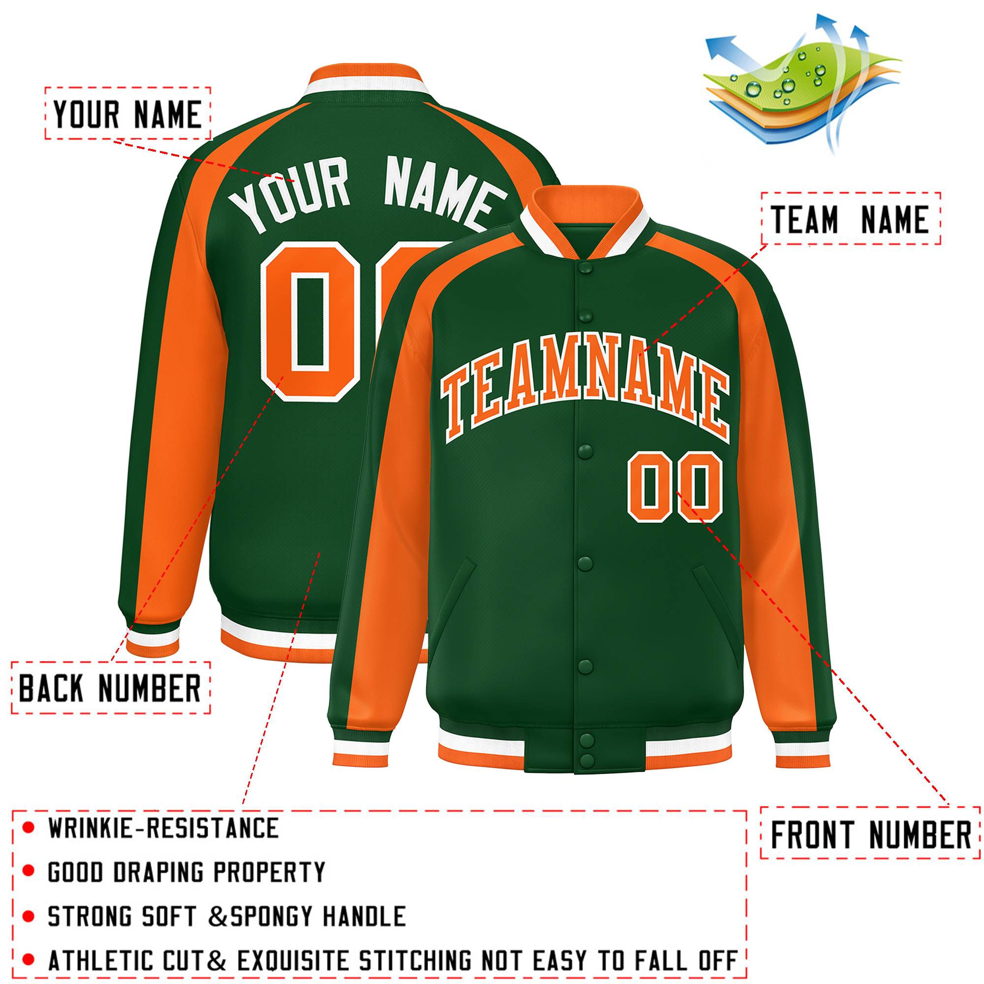 Custom Green Orange Varsity Full-Snap Color Block Personalized Raglan Sleeves Letterman Jacket