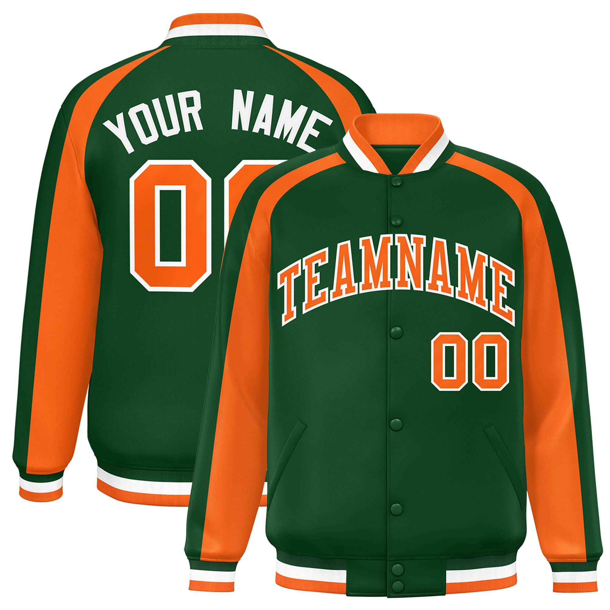 Custom Green Orange Varsity Full-Snap Color Block Personalized Raglan Sleeves Letterman Jacket