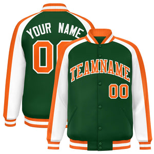 Custom Green White Varsity Full-Snap Color Block Personalized Raglan Sleeves Letterman Jacket