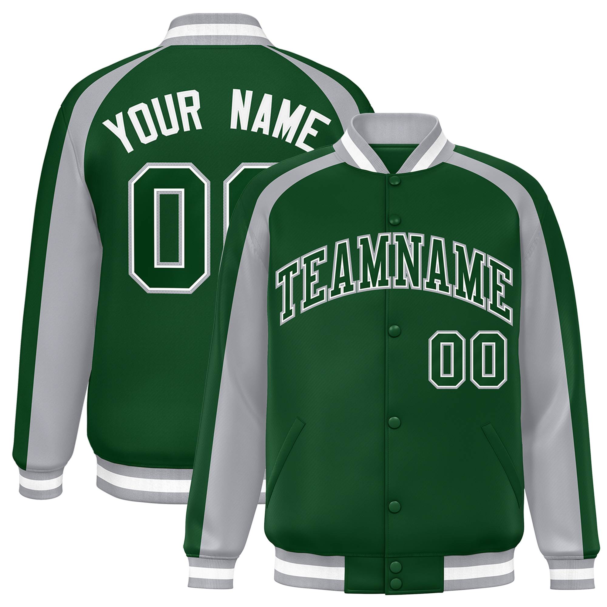 Custom Green Gray Varsity Full-Snap Color Block Personalized Raglan Sleeves Letterman Jacket