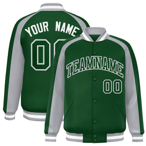 Custom Green Gray Varsity Full-Snap Color Block Personalized Raglan Sleeves Letterman Jacket